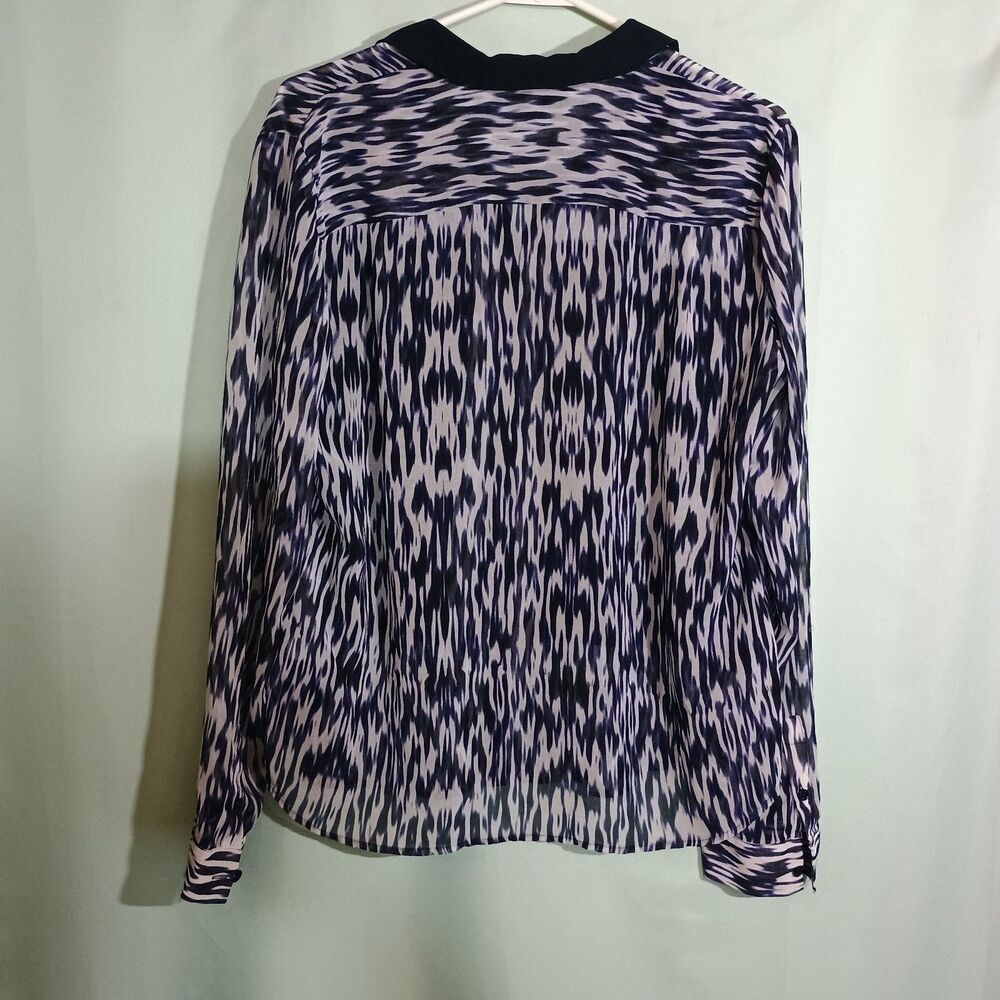Women's Printed Blouse Button Front Long Sleeve Navy White Business Casual Top - Picture 4 of 4